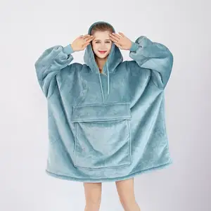 Felpa con cappuccio oversize in tessuto per la casa coperta flanella Plus Sherpa qualità Premium, taglia unica, felpa con cappuccio accogliente blu cielo
