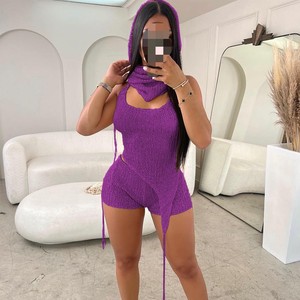 Women's Sexy Shaping Hollow <b>Sequins</b> Camisole Asymmetric <b>Top</b> Shorts Hat 3 Piece Set Fashion - Product Image 3