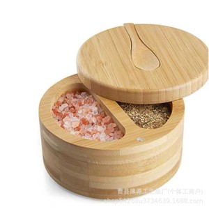 Bamboo Seasoning <b>Jar</b> With Spoon Divided Airtight Lid <b>For</b> <b>Kitchen</b> <b>Storage</b> Solid Condiments - Product Image 1