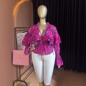Nuova Collezione Autunno 2026: <span class=keywords><strong>Blusa</strong></span> Plissettata da <span class=keywords><strong>Donna</strong></span> Stile Europeo-Americano, Senza Colletto, con Stampa e Lacci, Design Fresco e Dolce - Product Image 2
