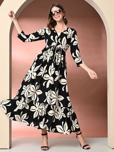 Vestido maxi de longitud media informal para mujer de color rosa sólido estampado floral hecho a mano forma personalizada técnica teñida Lisa tejido - Product Image 3