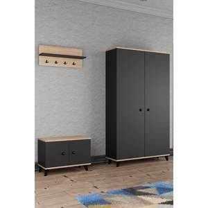 Perchero de Madera de Lujo Gris Antracita con Zapatero, Colgador para Recibidor, Ganchos de Pared y Percheros - Product Image 1