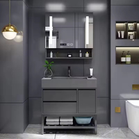 Grande unité de meuble-lavabo de salle de bain autoportante noire polie, style américain unique et intelligent, avec coiffeuse intégrée pour appartement