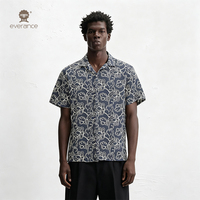 Camisa de Lino Mixto para Hombre Botanical Line 130cm Azul Pizarra Blanco Hueso Estilo Cubano para Vacaciones y Playa