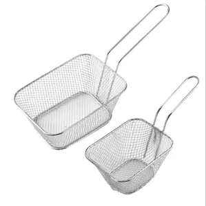 2pcs Silver Metal wire Mini round Fry Serving Baskt for Deep Fat Fryer French Fries Holder with condiment stand Oil Filter