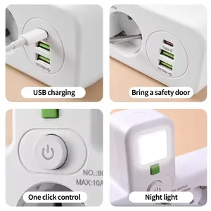 מפצל חשמל עם תקע אירופאי, 4 שקעי AC, 2 שקעי USB, יציאת Type-C אחת, שני מתגים נפרדים ותאורת לילה קטנה - Product Image 4