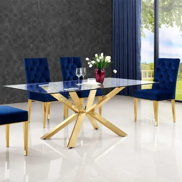 Contemporary Luxury Metal Dining Table X Legs Gold Stainless Steel Big Glass Top-Visionnaire Interior Design Modern Furniture