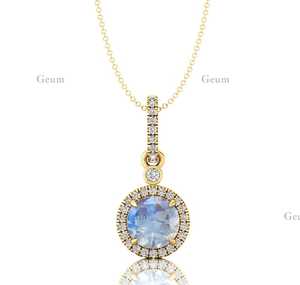 Colgante de piedra lunar arcoíris Natural, colgante de diamante de oro macizo de 14K, collar con colgante de solitario de piedras preciosas redondas de 8mm, venta al por mayor - Product Image 3