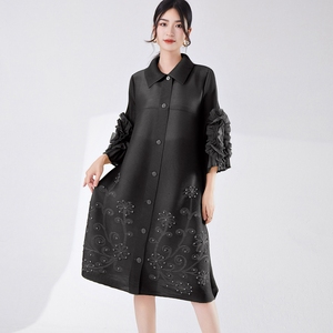 Middle-aged Plus Size Women's Clothing Loose Pleated <b>Dress</b> Single Breasted <b>Cardigan</b> Mid-length <b>Dresses</b> Spot Wholesale or ODM - Product Image 1