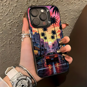 Custodia per iPhone 17/16/15/14 Pro Max in TPU con verniciatura UV, anti-impronta, antiurto, con design auto da corsa retrò Vaporwave <span class=keywords><strong>Miami</strong></span> Sunset e protezione lente - Product Image 2
