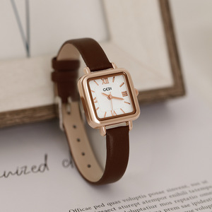 Reloj cuadrado de oro rosa para mujer, números romanos, esfera blanca, correa de cuero marrón, elegante reloj de pulsera de cuarzo - Product Image 1