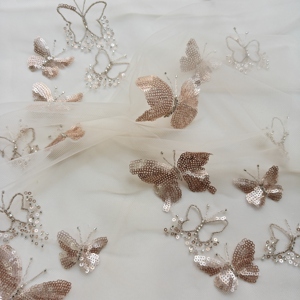 Tissu <span class=keywords><strong>en</strong></span> tulle à sequins papillon 3D dégradé champagne A029, tissu brodé <span class=keywords><strong>en</strong></span> filet pour robe de mariée et abaya du Moyen-Orient - Product Image 2