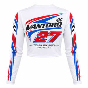 Women’s <b>Long</b> <b>Sleeve</b> <b>Cropped</b> Motorsport <b>Top</b> Round Neck Skinny Fit Stretch Fabric Custom Sublimation Racing Graphic Shirt - Product Image 4