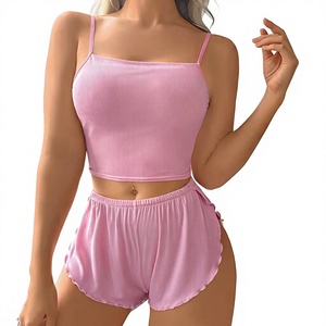 Women 2-Piece Breathable V-neck Knitted Lounge Set Sleeveless Crop Top Drawstring Shorts Solid Gray Casual Summer Eco-Friendly - Product Image 1