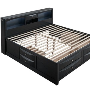 Cama doble negra con almacenamiento, cajones en la cabecera y compartimentos integrados para adultos y personas mayores - Product Image 2