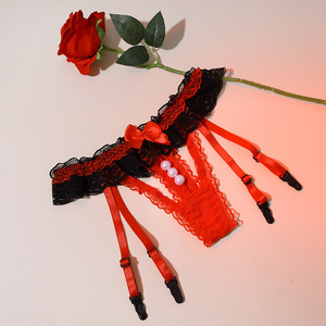String sexy en dentelle à volants avec perles et entrejambe ouvert, avec <span class=keywords><strong>porte</strong></span>-jarretelles, pour femme, ensemble de lingerie exotique à nœud papillon et pinces à bas - Product Image 4
