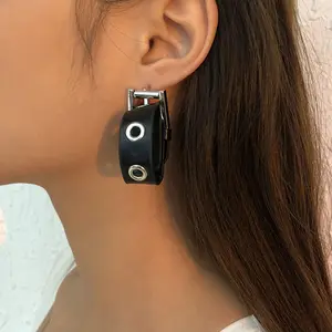 Personalized PU Leather Gothic Belt Earrings Statement Punk Alloy Buckle Drop Dangle Earrings women