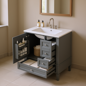 Meuble de salle de bain moderne de 30 pouces avec 3 tiroirs, lavabo en céramique gris, structure en bois massif, armoire de rangement - Product Image 2
