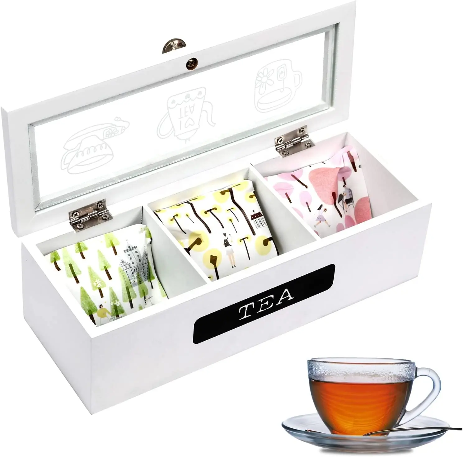 Tea Bag Organizer White Wood 3 Compartment Tea Storage Box for Organizer and Display Tea Bags