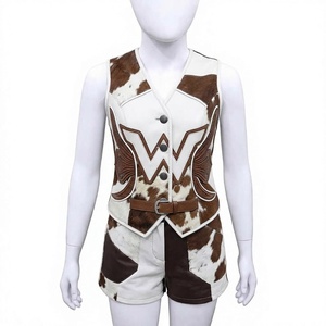 Women's Cow Print Patchwork Vest <b>Shorts</b> Set V-Neck <b>Belted</b> Casual Western Style 2 Piece Outfit Spring Summer Wear - Product Image 1