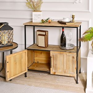 Mueble de Almacenamiento con Panel Decorativo de Madera Maciza Estilo Rústico, 2 Estantes Metálicos para Sala de Estar, Comedor, Muebles de Hotel - Product Image 2