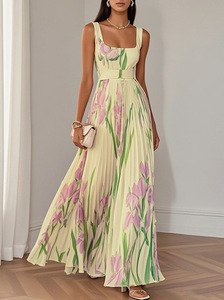 Nouvelle arrivée Robe longue plissée à imprimé floral pour femmes, col <span class=keywords><strong>carré</strong></span>, sans manches, ceinture à la taille, <span class=keywords><strong>coupe</strong></span> évasée, robe de soirée formelle - Product Image 5