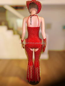 Red Nail Hollow Chain Full Diamond Sexy Sombrero de una pieza Conjunto completo para conciertos Discotecas Bares Actuaciones Disfraces - Product Image 2