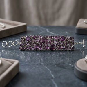 925 <b>Silver</b> Amethyst <b>Cuff</b> <b>Bracelet</b> Women's Classic Bezel Set Jewelry Everyday Wear - Product Image 2
