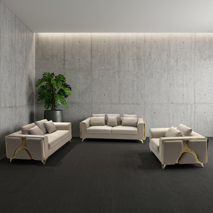 Juego de Sofás Seccionales de Cuero Genuino de Diseño Europeo Moderno con Detalles Metálicos Dorados y Respaldo Acolchado para Sala de Estar - Product Image 5
