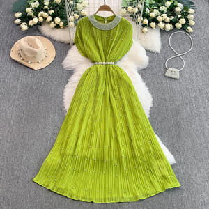 Robe d'été en mousseline de soie longue avec perles de luxe pour les femmes Loose Big Size Short Sleeve Crystal Birthday Evening Midi Pleated Dresses - Product Image 3