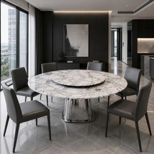Table à manger personnalisée en marbre gris panda, plateau rond, style moderne, 6 places, pieds en métal, meubles en pierre - Product Image 6
