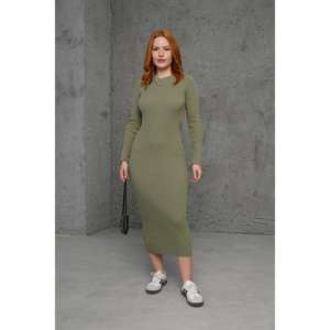 Vestido ajustado de punto acanalado color caqui con cuello redondo, cintura natural, transpirable, de manga larga y longitud media para uso diario informal. - Product Image 3