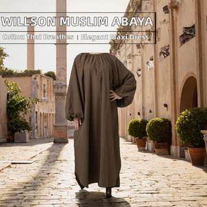 Abaya longue en coton marron pour femme, manches longues, robe modeste, couleur unie, coupe ample, tenue quotidienne, style Moyen-Orient - Product Image 2