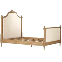 Lit plateforme en bois massif écologique de style Louis XVI, sculpté à la main, avec revêtement en tissu, taille Queen ou King, style antique français.