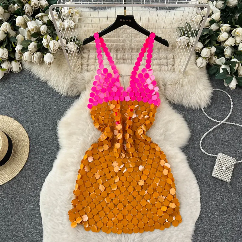 Wholesale Sequin Sling Dress for Lady Fashion Women's Sexy Dress Summer Hollow Out Summer 2023 New Eleagnt Spaghetti Strap Dress