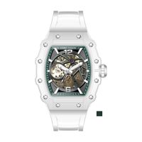 TIME TOKEN Montre ovale squelette pour homme Mouvement automatique Boîtier en plastique transparent Bracelet en silicone étanche Affichage du cadran analogique