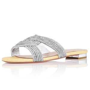 <strong>Jeweled</strong> Bridesmaid Wholesale Slides Slippers Can Be Customized Gold Bling Rhinestone Flats Heel Women <strong>Sandals</strong> - Product Image 1