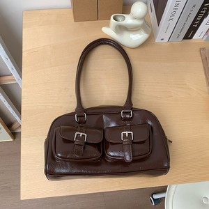 Korean Retro Bowling Handbag Brown Women's Zipper Closure Horizontal <b>Square</b> Everyday Outfits Stylish Commuter Bag - Product Image 2