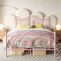 Lit en métal rose style princesse avec tête de lit et pied de lit à motifs papillon, lit en métal taille complète, meubles de chambre d'enfant