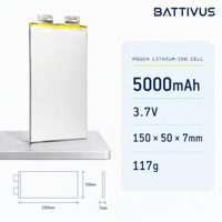 Batterie LiPo polymère au lithium BATTIVUS 5000mAh 3.7V 30C à décharge élevée, cellule en pochette 150x50x7mm 117g pour pack de batterie d'outils électriques