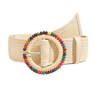 Venta al por mayor Boho elástico tejido PP cinturones <span class=keywords><strong>de</strong></span> paja para las mujeres vestido colorido madera con cuentas hebilla redonda <span class=keywords><strong>rafia</strong></span> cinturones <span class=keywords><strong>de</strong></span> cintura elásticos - Product Image 2