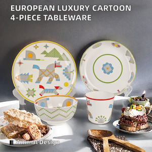 Service de table en céramique quatre pièces, style européen, luxe léger, motifs animaux de dessin animé, réutilisable et durable, idéal comme cadeau d'affaires : bol, tasse à eau, assiette. - Product Image 2