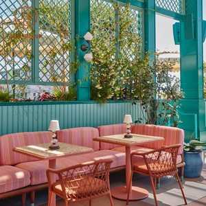 Đồ nội thất quán cà phê cổ điển đặt nhà hàng màu hồng vải sofa ngoài trời với bàn đá cẩm thạch và ghế mây cho quán cà phê - Product Image 1