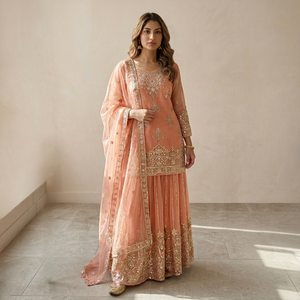 Pink Embroidered Salwar Kameez Sharara Set Pakistani Wedding Dress <b>Net</b> Unstitched Outfit With <b>Dupatta</b> - Product Image 1