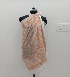 Pure <b>White</b> & Mustard Yellow Indian Block Print zari Border Sarong Handcrafted Cotton <b>Wrap</b> Skirt, Ethical Boho Beachwear Scarf - Product Image 2