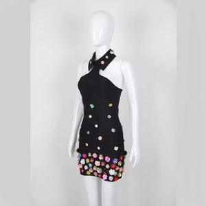 Collezione 2024 primavera fiori colorati fatti a mano abito collo nuova moda abito a fasciatura corta <span class=keywords><strong>abiti</strong></span> antistatici America - Product Image 2