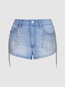 Shorts décontractés haut de gamme pour femmes, nouveaux jeans déchirés avec boutons et rivets, en denim de coton imprimé personnalisé, respirants et élégants - Product Image 1