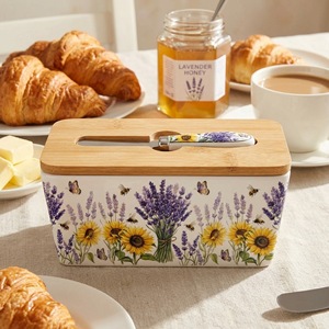 Mantequillera de Cerámica Estilo Campestre Francés con Tapa de Bambú y Cuchillo, Contenedor Rectangular de Porcelana para Lavanda - Product Image 1