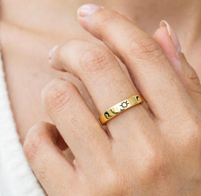 Moon Sun Matching Couple Rings Brass Gold Plated Adjustable His Hers Anniversary Bands Lover Gift