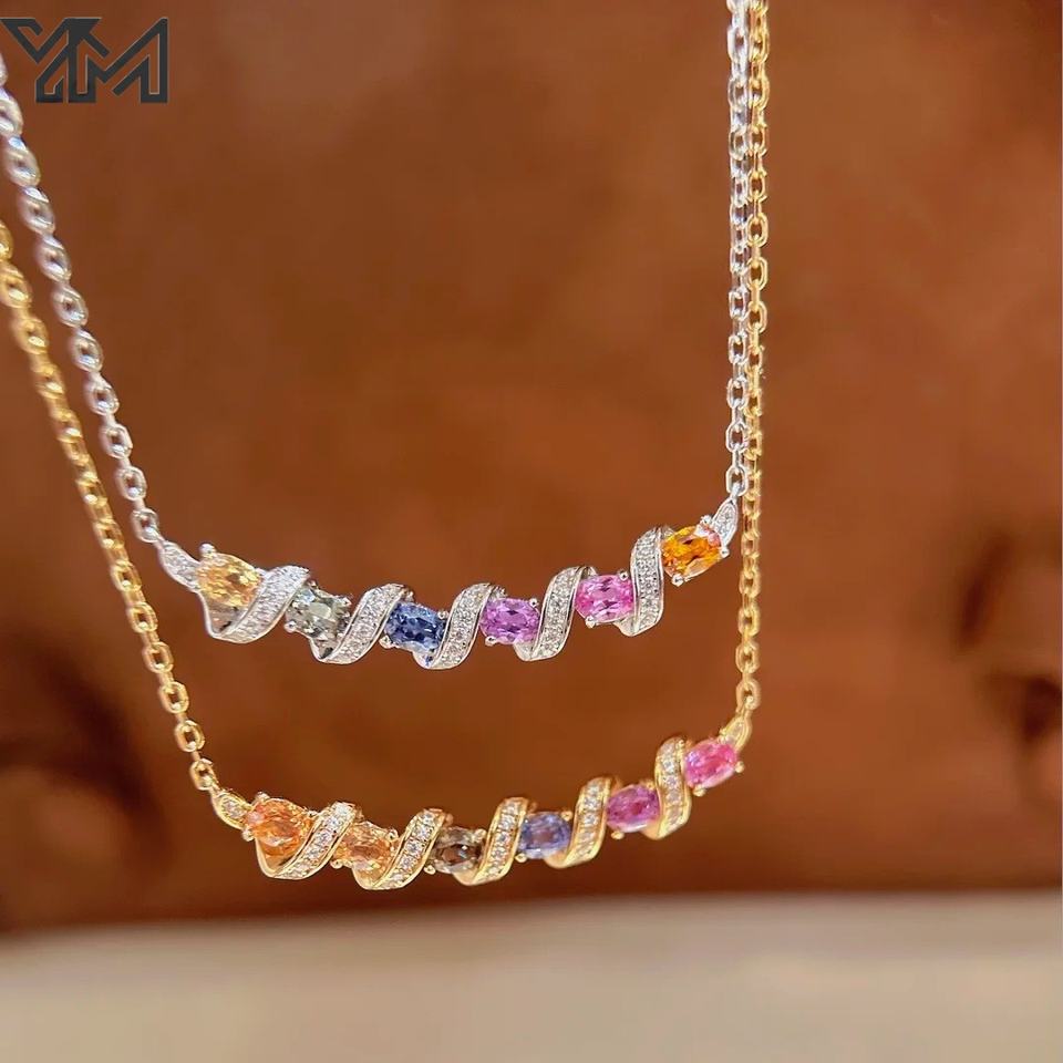 Color Shift Bar Rainbow Color CZ Twist Bar Necklace Gold Silver Plated Spiral Wavy ...